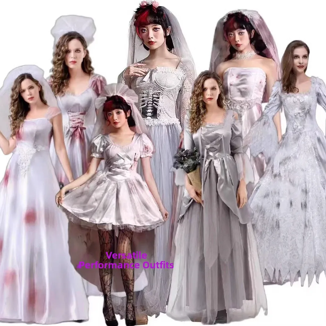 

loween Costume Women's Artistic Mummy Dry Skeleton Bride Costume with Bloodstains Traditional Chinese Stage Costume