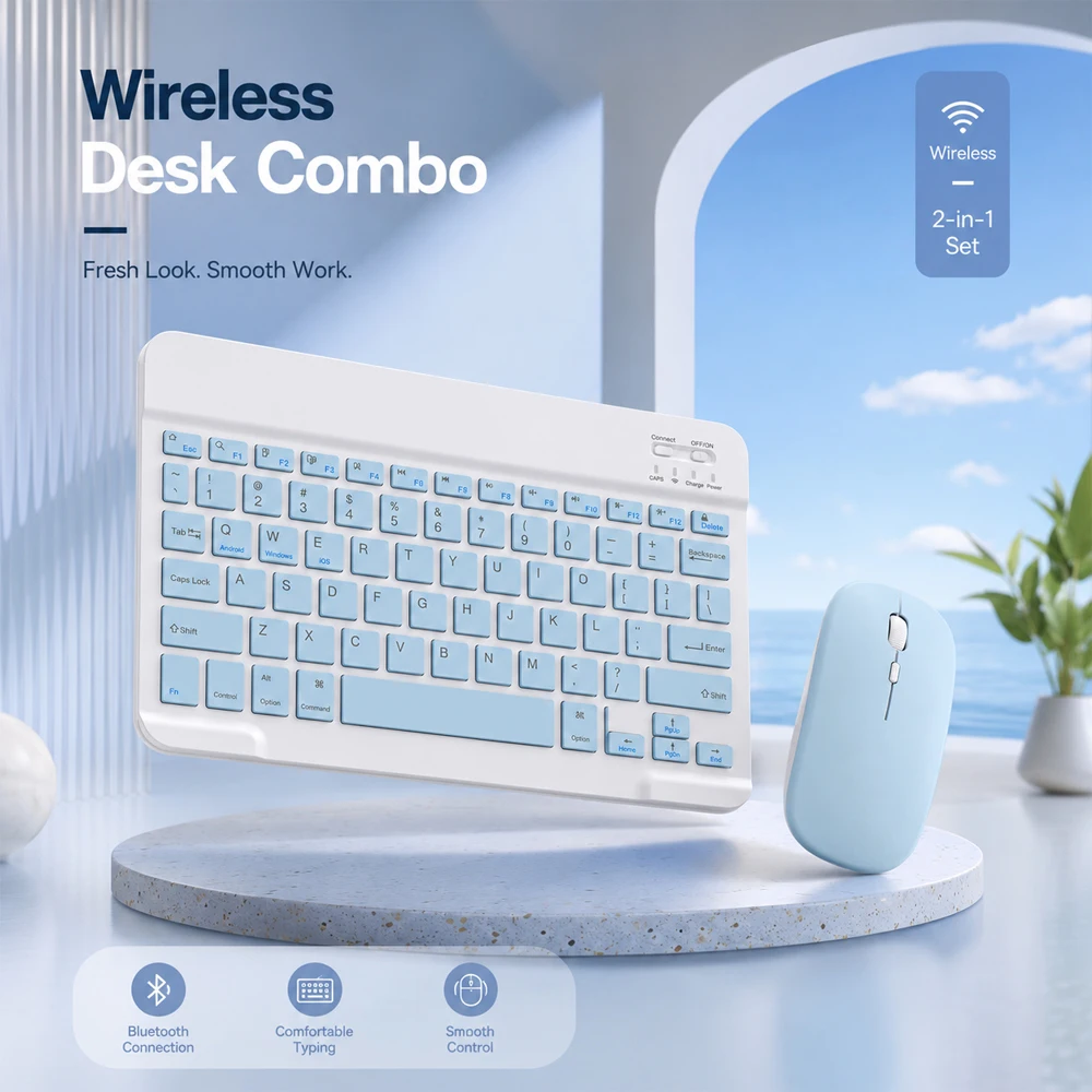 Bluetooth Tablet Keyboard and Mouse Combo Ultra Slim Portable QWERTY Wireless Set for iPad Samsung Android Windows iOS Phone