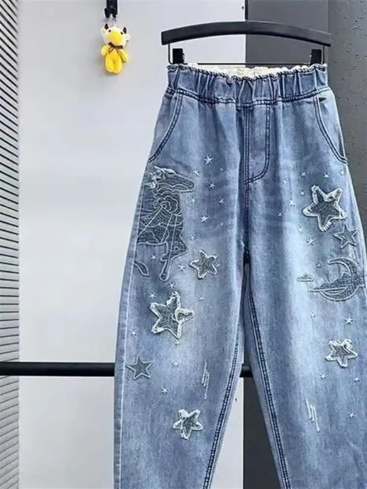 

Loose Casual Embroidered Women's Jeans Harlan Carrot Dad Pants Vintage Korean Sle Spring Autumn plus Size Star Embroidery