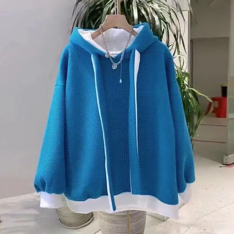Lantern Long Sleeve Women\'s Clothing Spring Autumn Drawstring Pullover Hooded Contrast Color Office Lady Casual Elegant Tops