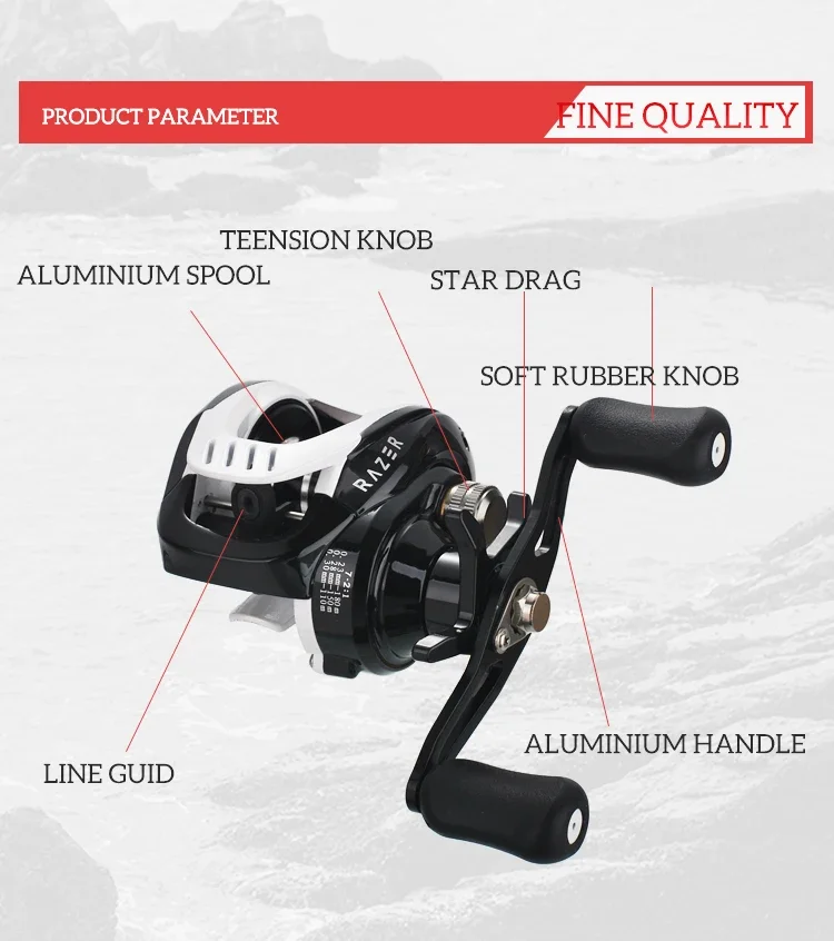 Lizard Magnetische Zentrifugal-Doppelbrems-Baitcasting-Angelrolle mit Metallspule und -griff, 8 kg maximale Bremskraft, 7,2:1 Übersetzungsverhältnis – Detail 2