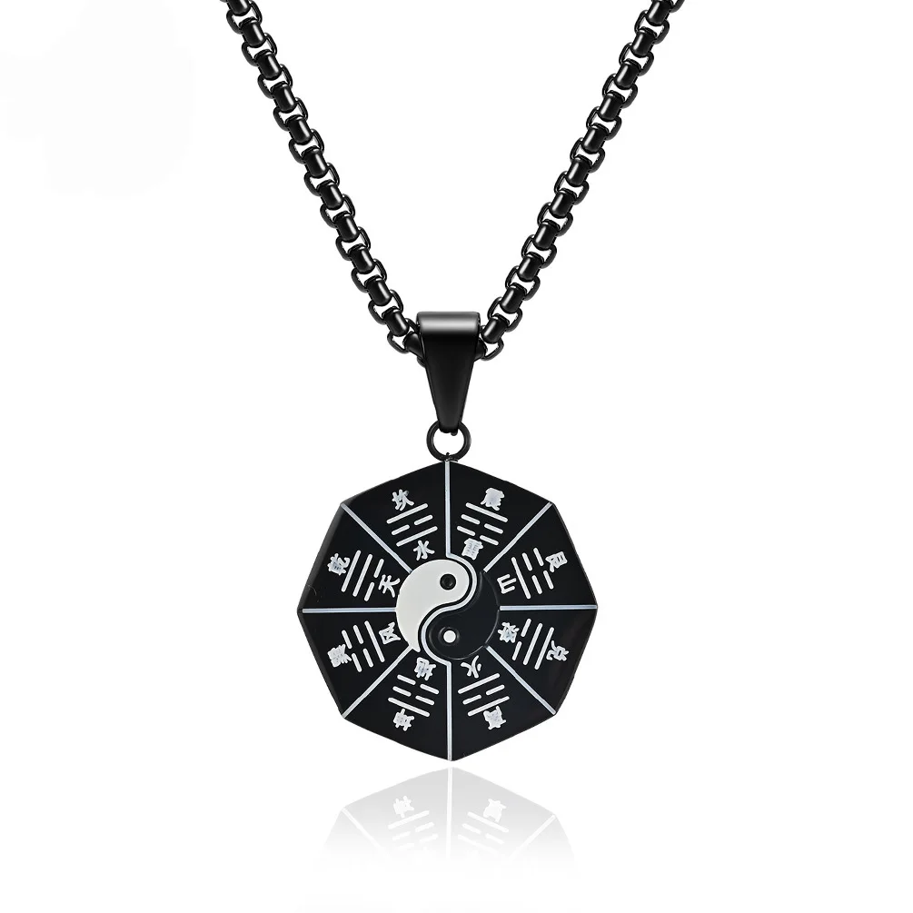 Tai Chi Ji Octagon Geometric Necklace Yin Yang Gossip Eight Trigrams Ninja Black White Stainless Steel Pendant Couple Jewelry