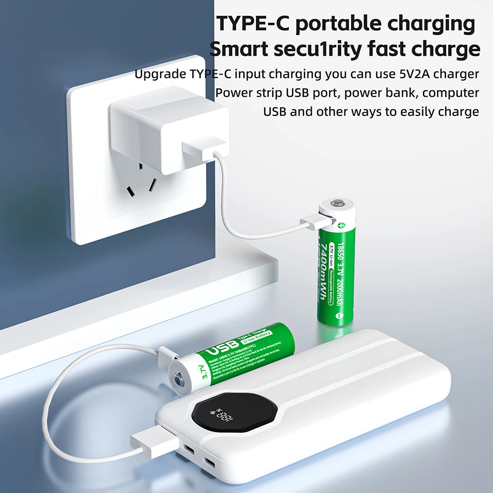 PUJIMAX 1-24 szt. Baterie 18650 o dużej mocy 2000mAh 3.7V z ładowaniem TYPE-C, akumulatory litowe 18650 do latarki i e-papierosa — zdjęcie produktu 3