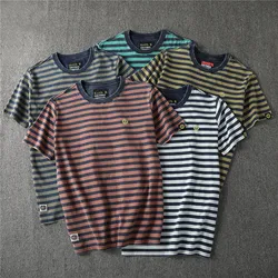 Summer New American Retro Short Sleeve O-neck Striped T-shirt Men's Fashion Simple 100% Cotton Washed Old Casual Slim Youth Tops