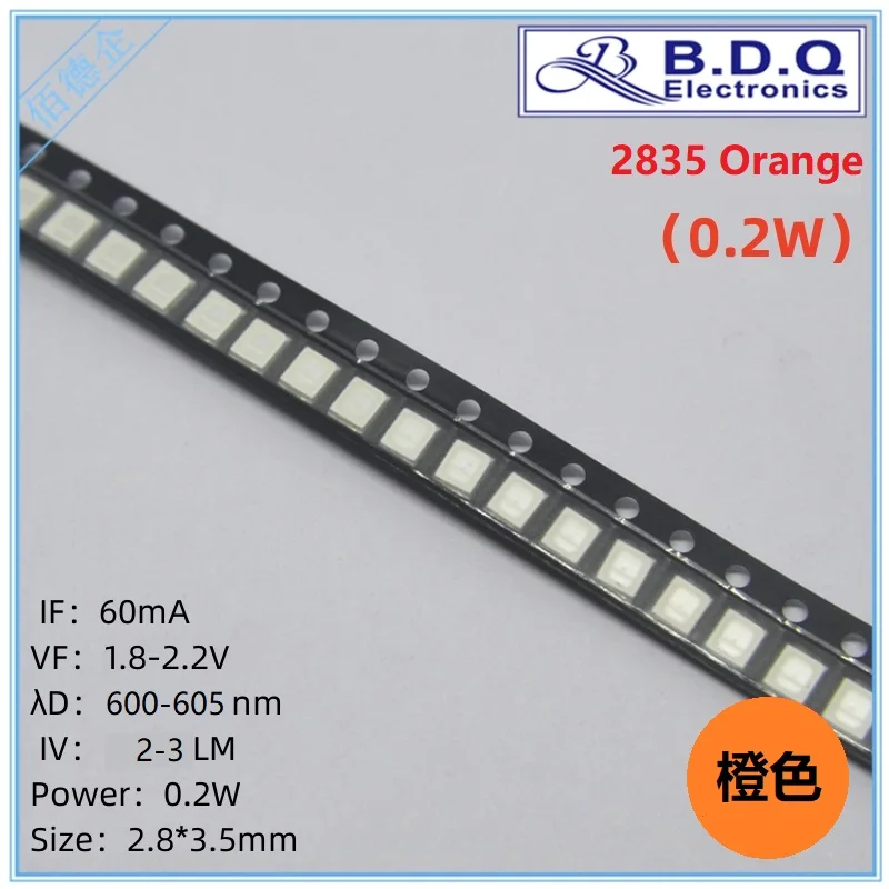 100Pcs SMD LED 2835 0.2W Orange 600-605nm LED Lamp Beads  Size 2835 Light-emitting Diode High Bright Quality