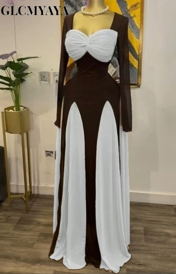 GLCMYAYA المرأة كم طويل ثنيات الجبهة ميدي ألف خط المرقعة ماكسي فستان طويل 2025 عطلة عطلة فساتين حفلة عيد ميلاد