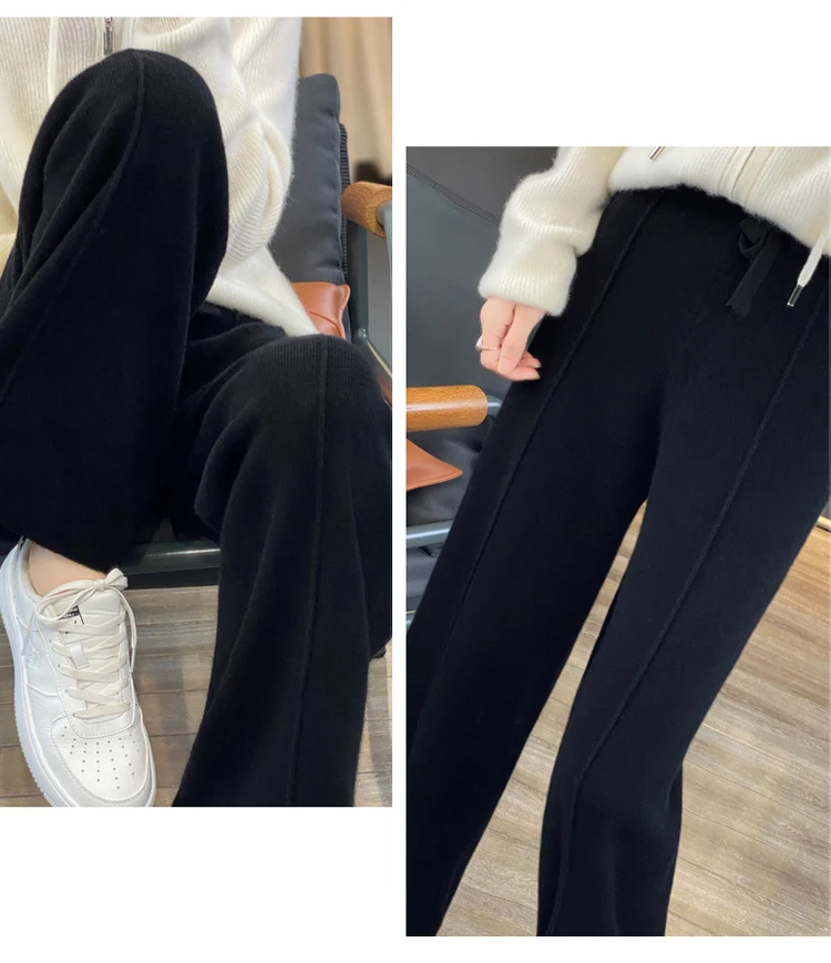 Wool Knitted Wide Leg Pants for Women in Autumn and Winter, with a Draping Feel and Straight Tube Wool Casual Woolen Pants