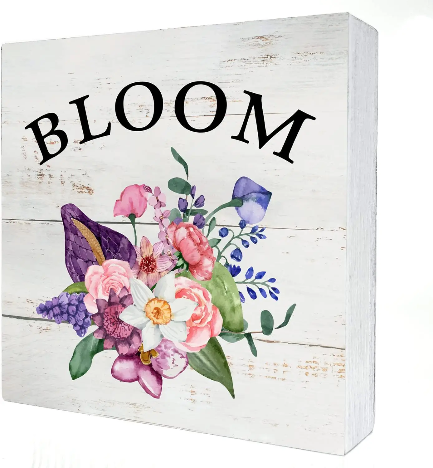 Farmhouse Bloom Wood Box Sign Home Decor Rustic Spring Bloom Wooden Box Sign Block Plaque for Wall Tabletop Desk Home Decoration