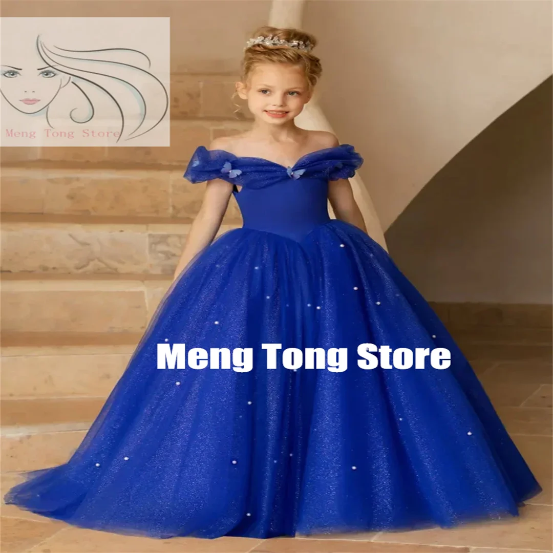 3D Butterfly Applique Royal Blue Tulle Puffy Flower Girl Dress For Wedding Kids Birthday Party First Communion Customized Dress