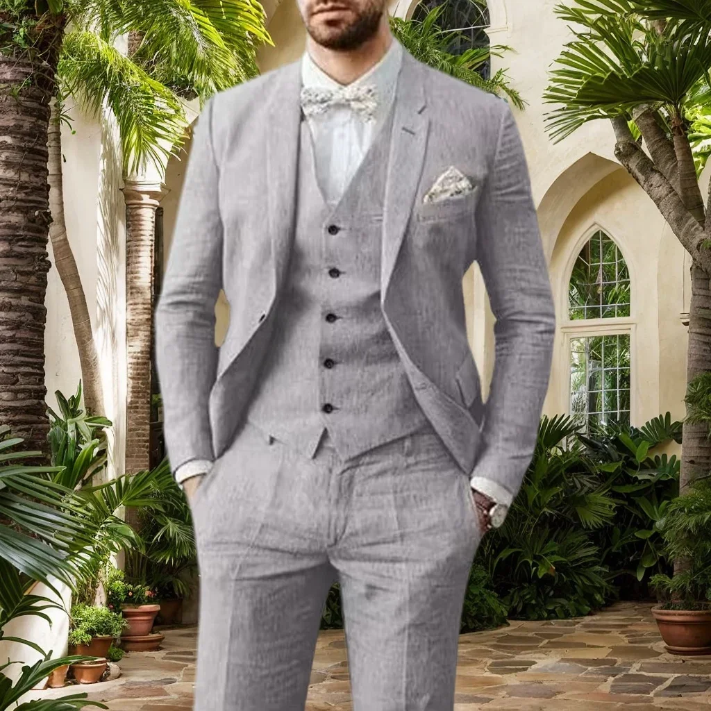

Elegant Flax Suit for Men Linen Notched Lapel 3 Pieces Blazer Vest and Pants Casual Tuxedo Set for Wedding Business Summer Beach
