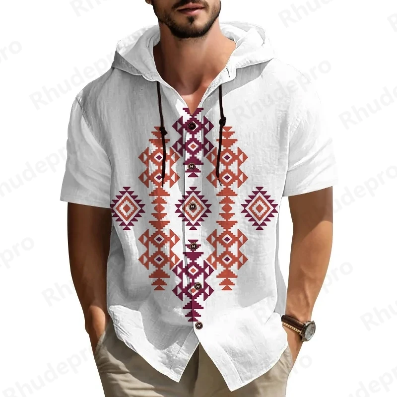 

Лето 2025 г., мужские однобортные однотонные рубашки с капюшоном в национальном стиле, повседневный кардиган с короткими рукавами, гавайская рубашка с сращенными пуговицами