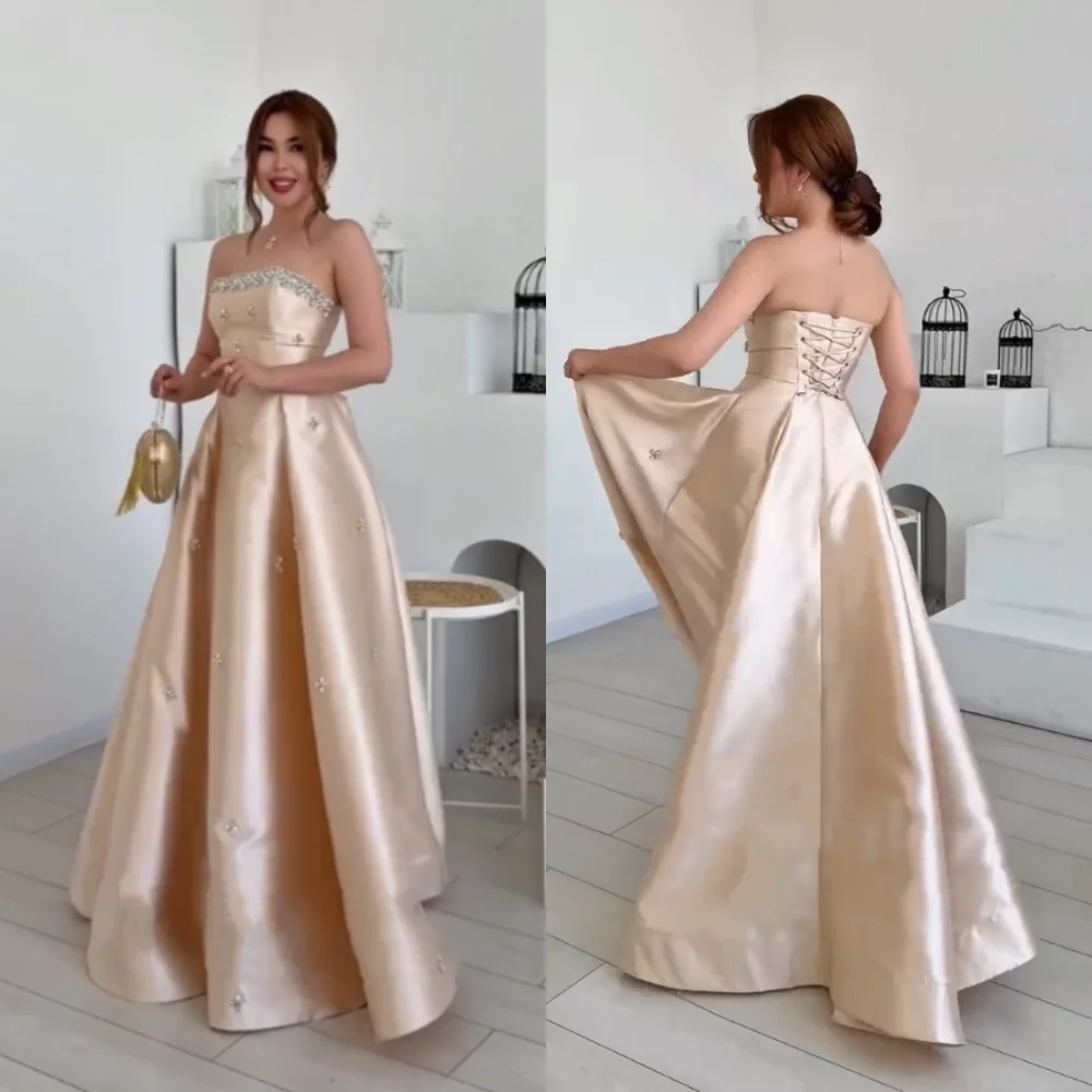 

Customized Charmeuse Rhinestone Ribbon Strapless A-line Long Dresses Bespoke Occasion Evening Gown Gorgeous High Quality