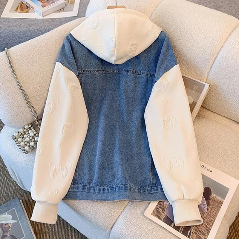 New Women Fake Two Hooded Denim Coats Spring Autumn Casual Baseball Clothes Fashion Female Students Loose Motorcycle Jacket Tide