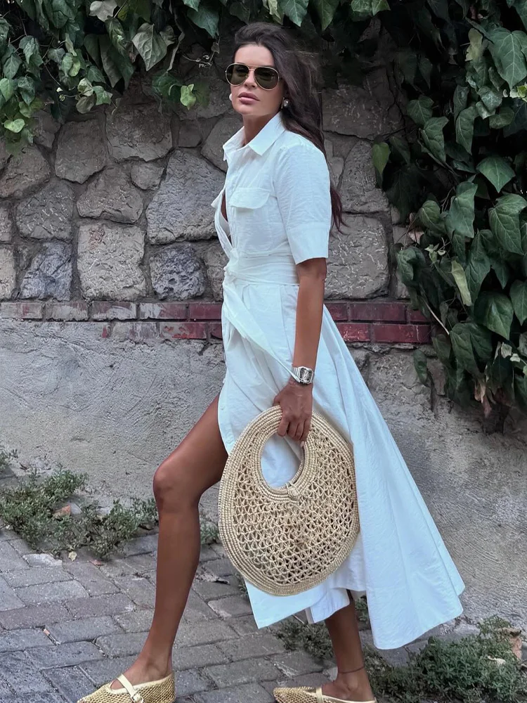 HH femmes mode revers manches courtes poche simple boutonnage ceinture décorer robe Midi femme été élégant mince robe plissée