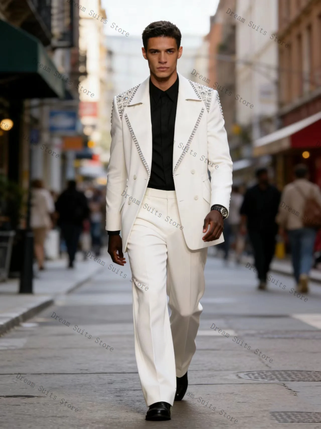 

White Crystals Men Suit Set 2 Pcs Luxury Blazer+Pants Trousers Customized Spring Formal Office Jacket Wedding Tuxedos Prom Coat