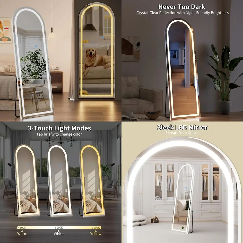 스탠드가 있는 조명이 있는 풀 렝스 LED 아치형 거울, 전신 반사용 68 x 26 조명 바닥 거울