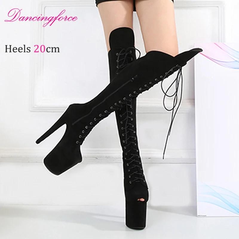 20CM/8inches Suede Pole Dance Knee Boots Women Stripper High Heels Fetish Platforms Shoes