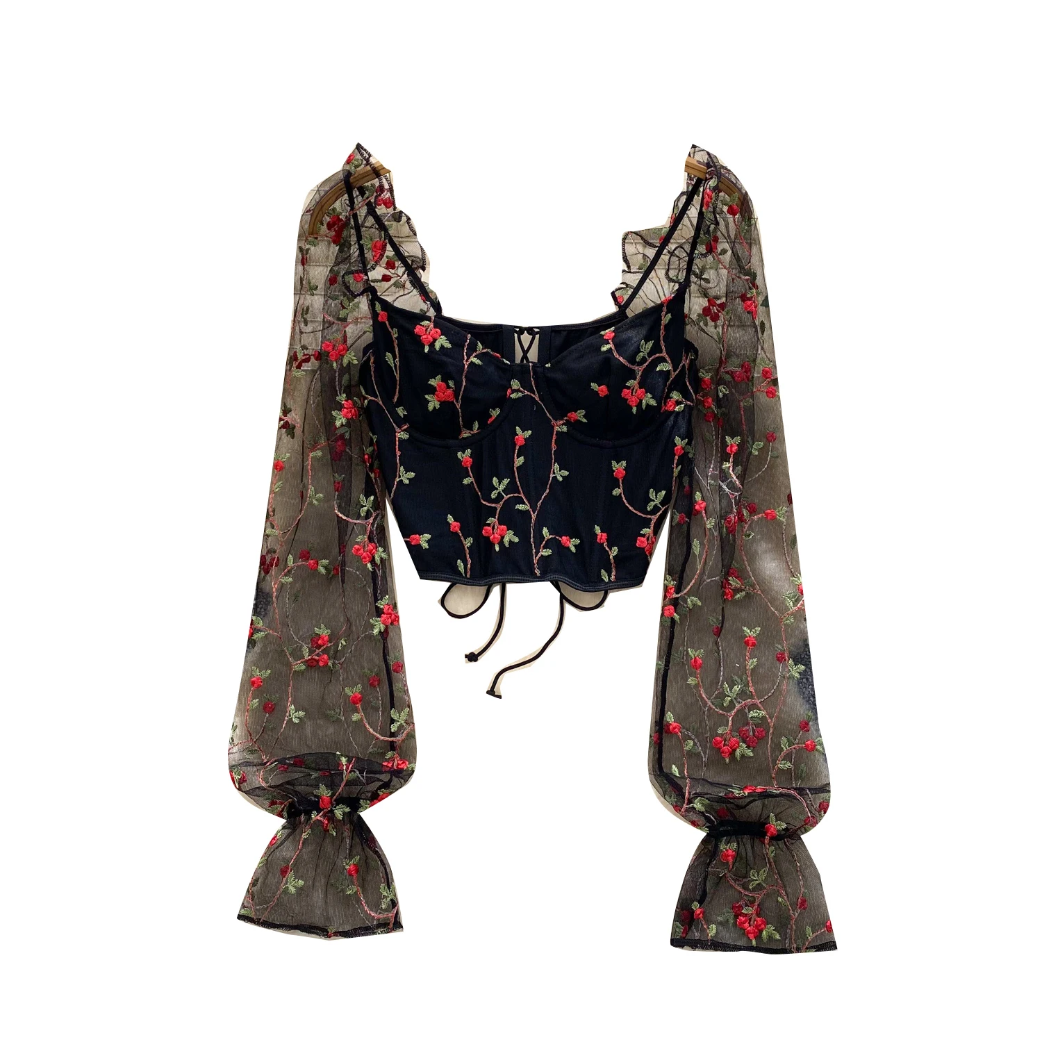 프랑스 스타일 복고풍 자수 스퀘어 칼라 셔츠 여성 패션 메쉬 접합 긴 소매 크롭 탑 섹시 슬림 붕대 블라우스