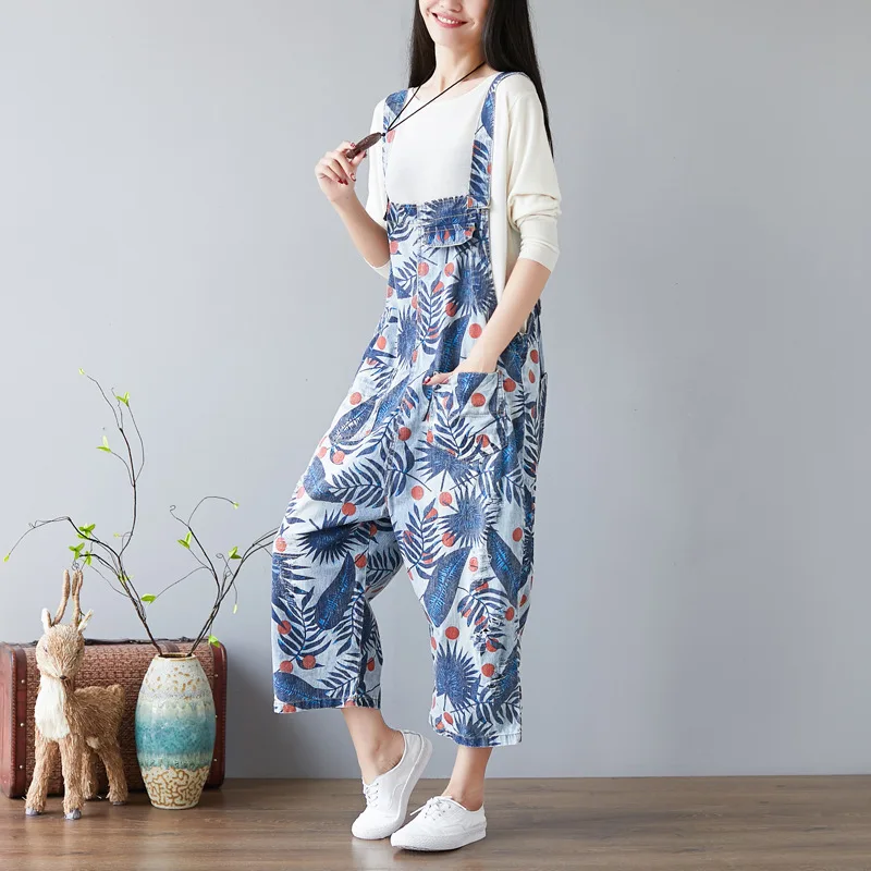 2024 Summer New Leaf Print Worn Out Hole Adjustable Jumpsuit Women Reduce Age Blue Denim Jumpsuit LX1564