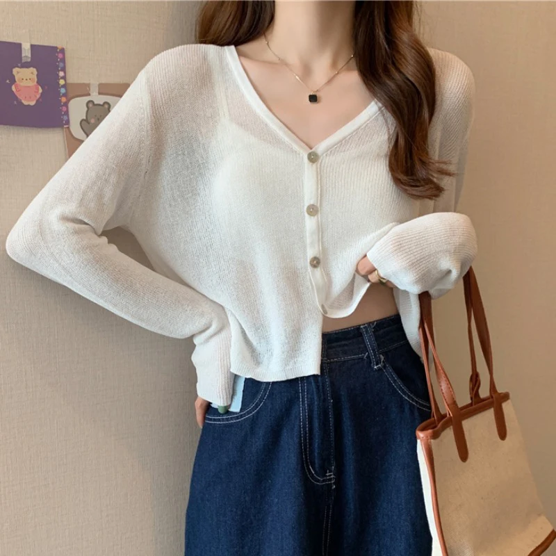

Korean Style Women's V-Neck Knitted Open Cardigan Sun Protection Fashionable Casual Loose Fit Long Sleeve Short Length