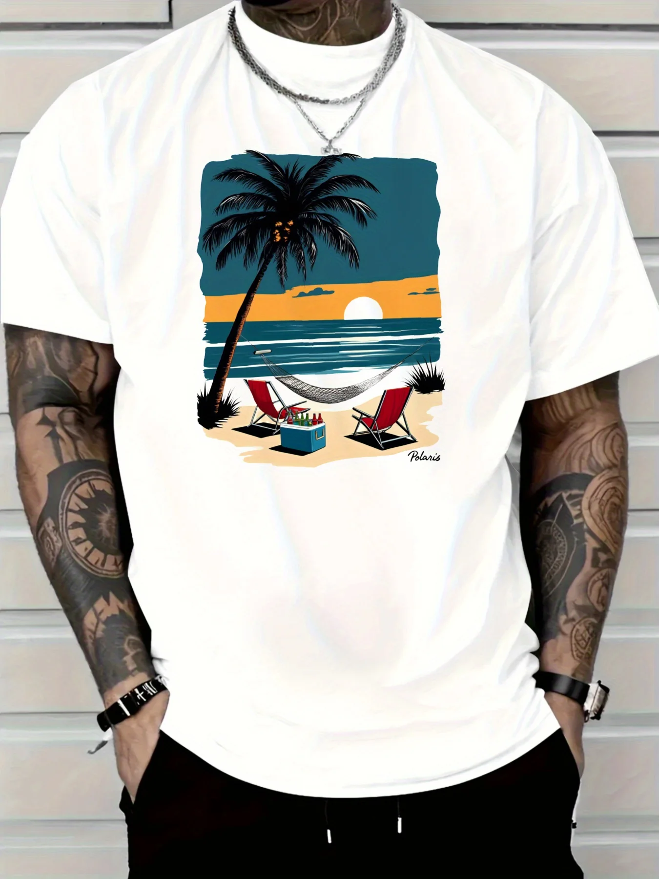 ผ้าฝ้ายแท้ผู้ชายสีแดงทรอปิคอลบีชกราฟิกเสื้อยืดวันหยุดฤดูร้อนเปลญวนการออกแบบต้นปาล์ม