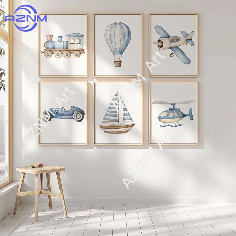 1Pc/6Pcs Vehicle Art Prints Poster Nursery Wall Art Decor Transportation Nursery Decor Plane Train Boat Hot Air Balloon Prints