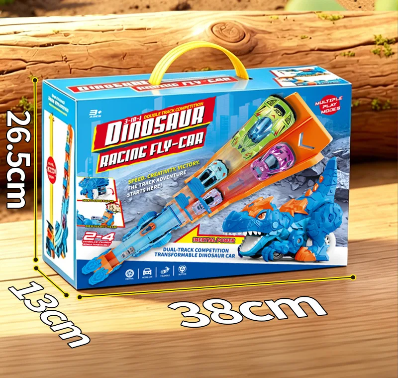 Dinosaur Theme Transform Racing Track Launcher Toy, Dual Lane Ramp Race Set With 2 Diecast Cars, Interactive Play Gift