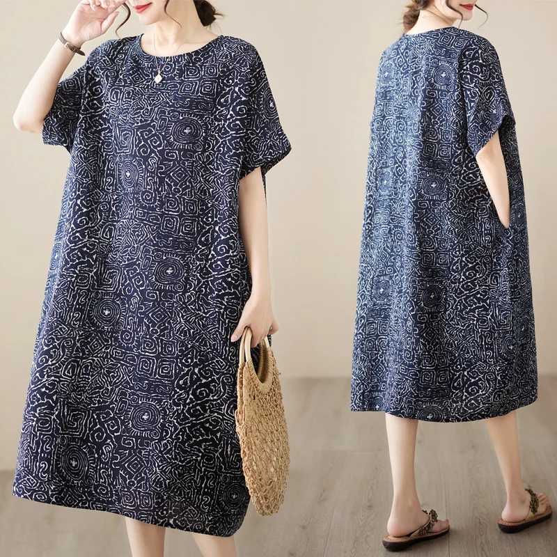 #3438 Retro Cotton And Linen Dress Women Pockets Loose Midi Dress Female Short Sleeve O-neck Vintage Long T-shirt Dresses Ladies