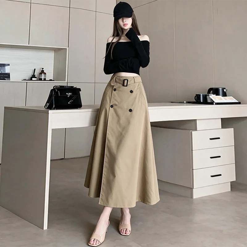 Elegant High Waist A-Line Midi Skirt for Women Commute PVC Fabric Double Breasted Belted Skirt Breathable Comfortable Skirt