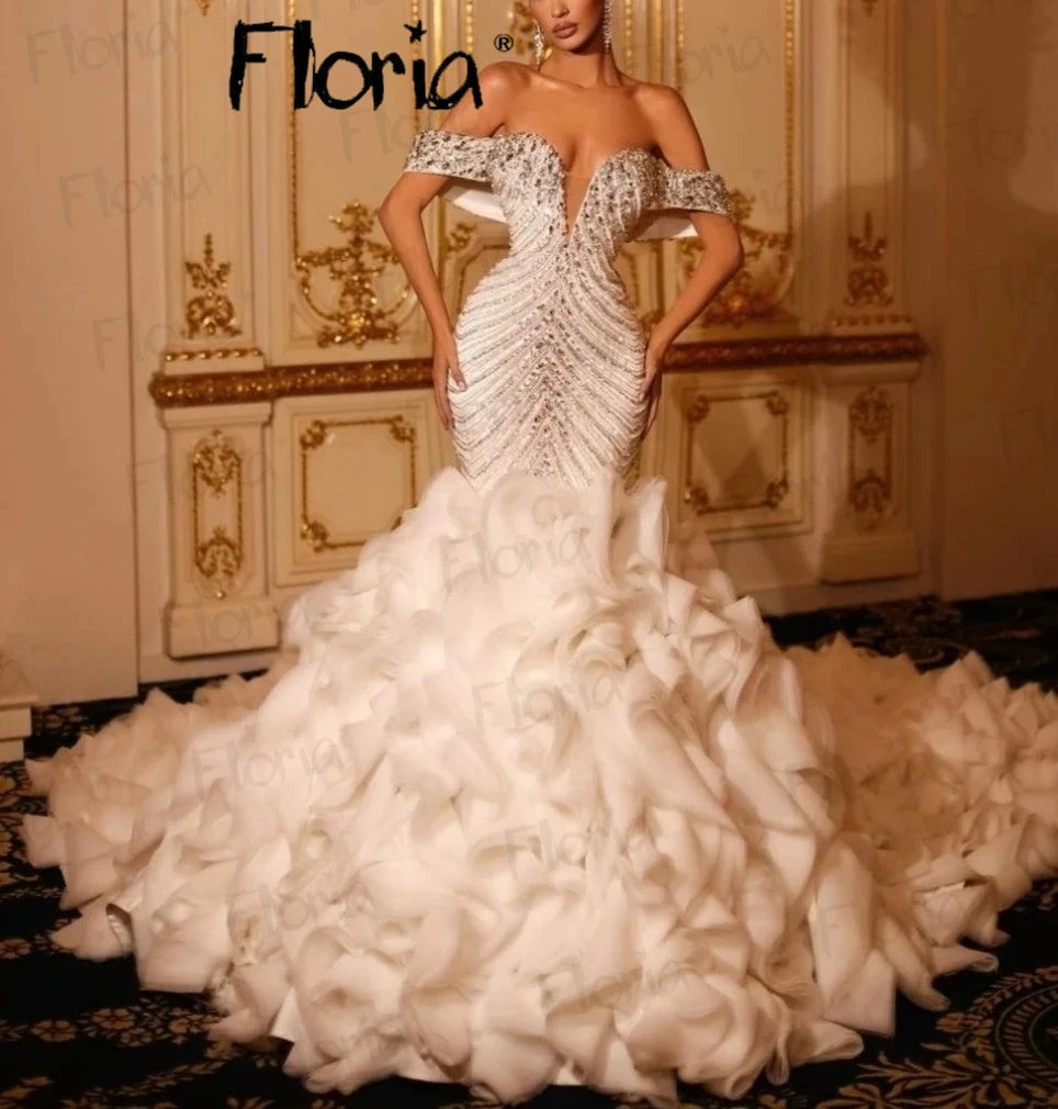 

Luxury Off Shoulder Mermaid Wedding Dress Ruffles Court Train Women Heavy Crystals Stones Bridal Gowns Wedding Dress 2024 Bride