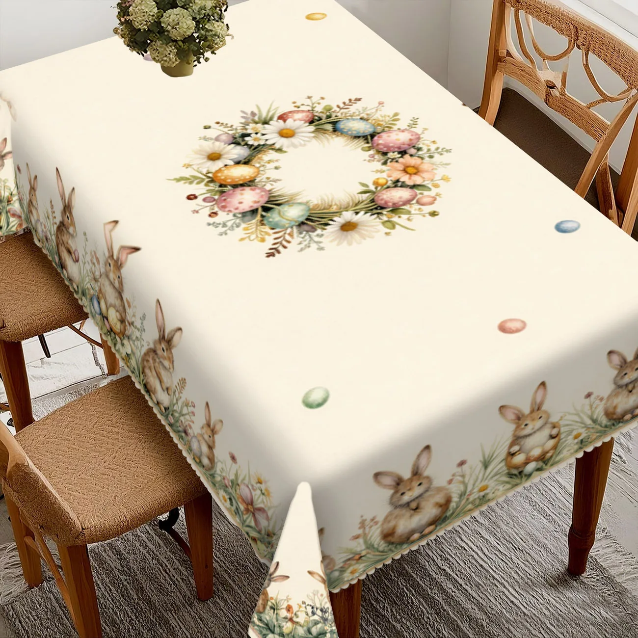 Easter Bunny Floral Tablecloth Single Sided 2D Print Water Resistant Fabric Table Cover For Kitchen Dining Room Party Decor Gift