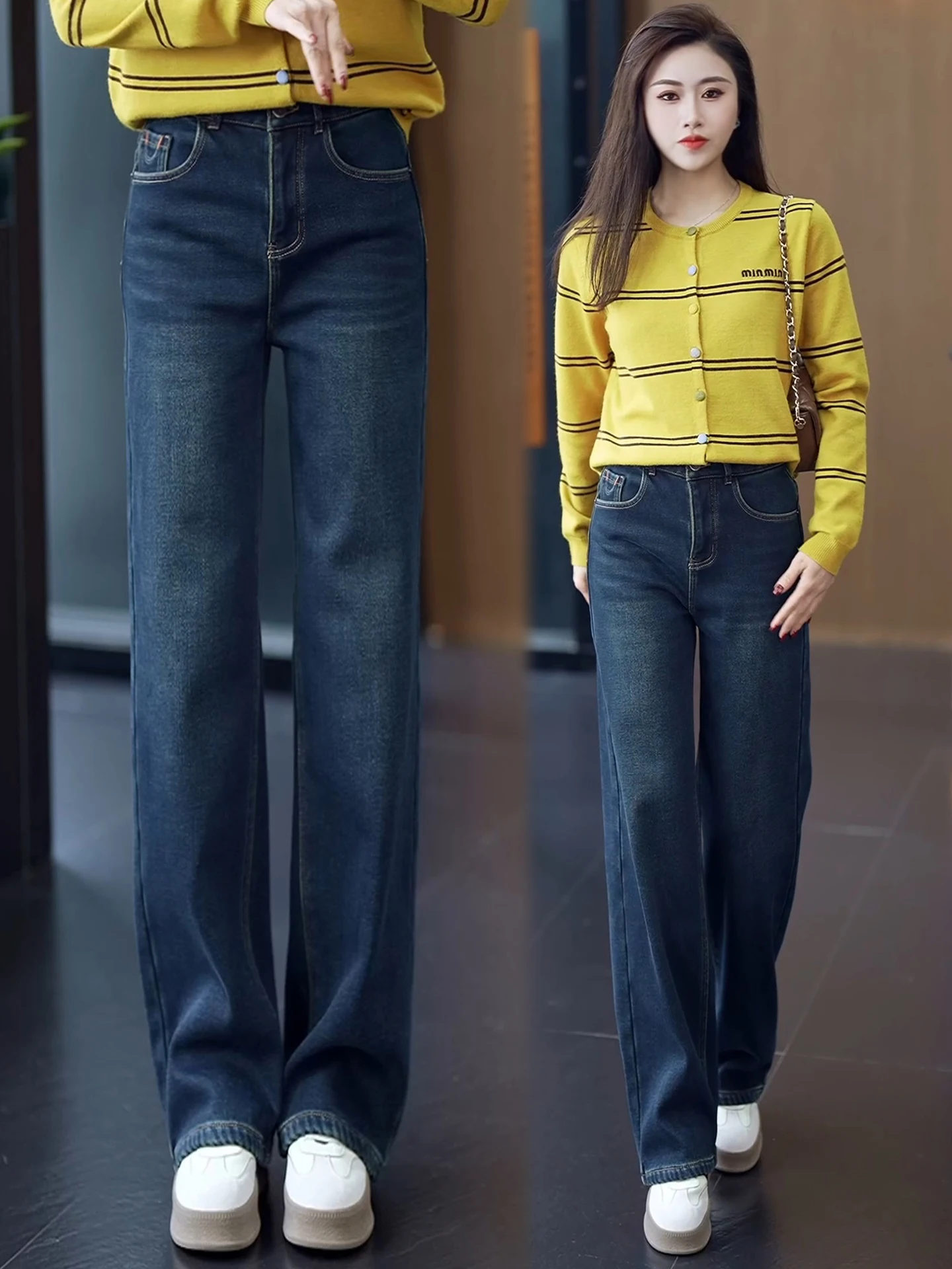 

Retro Blue Fleece Lined Straight Leg Jeans Women's Autumn Winter High Waist Slim Wide Leg Pants Casual Comfortable Cotton Denim