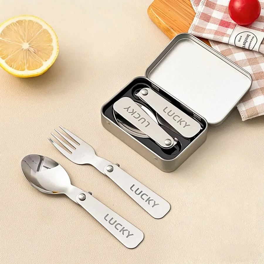 Portable 304 Stainless Steel Cutlery Set Folding Spoon and Fork with Iron Case Travel Utensils for Camping School Lunch Box