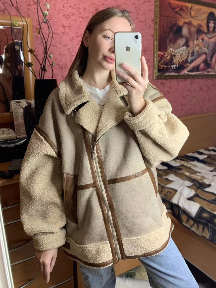 Loose Women Thick Warm Faux Leather Jackets 2023 Winter Fashion Ladies Patchwork Fleece Coats Female Vintage Outerwear Chic