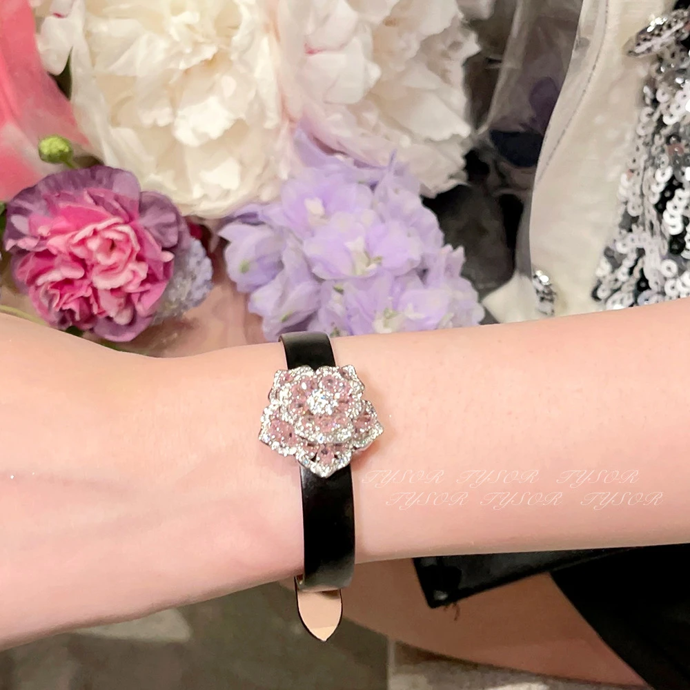 Romantic Bling Bling Pink Zircon Rose Bangles with Belt 925 Sterling Silver Bracelet Women Fashion Wedding Party Bridal Jewelry