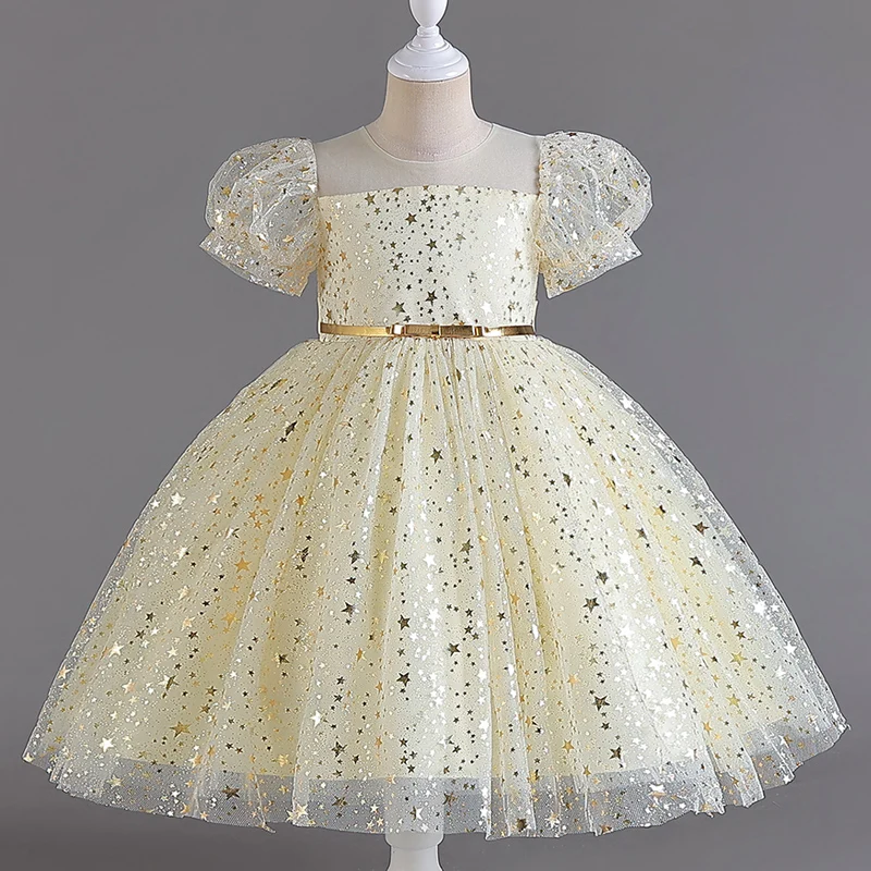 Children\'s Princess dress Metallic style personality printed belt puffy sleeve skirt gauze Peng party #M7603