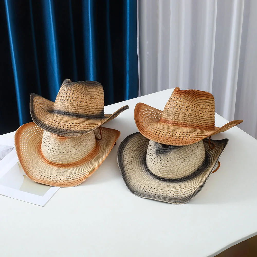 

Summer Vintage Gradient Straw Cowboy Hat Men Women Western Hollow Out Breathable Sun Hat Wide Brim Beach Vacation Cap