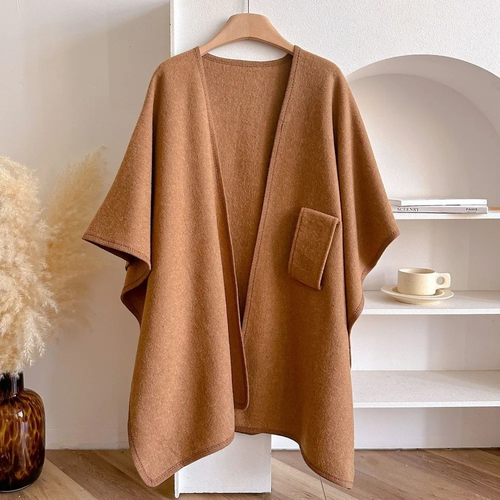 Retro Solid Color Cape Shawl Wool Blend Soft Open Cardigan Half Sleeve Loose Fit Fleece Poncho