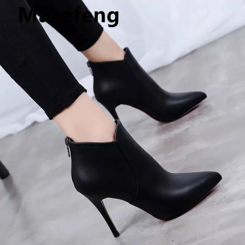 Women Sexy Pointed Toe Super High Heels Ankle Boots Autumn Winter Warm Short Plush Booties Woman Shiny Sequin Botas Mujer 2021