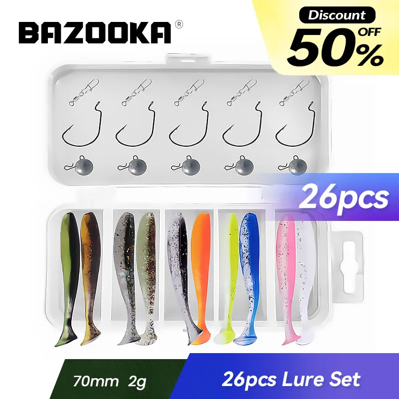 Bazooka 26pcs Fishing Soft Lure Set Kit Silicone Bait Worm Shad Wobbler Jiging Lead Hooks Tackle Spoon Carp Bass Pike With Box