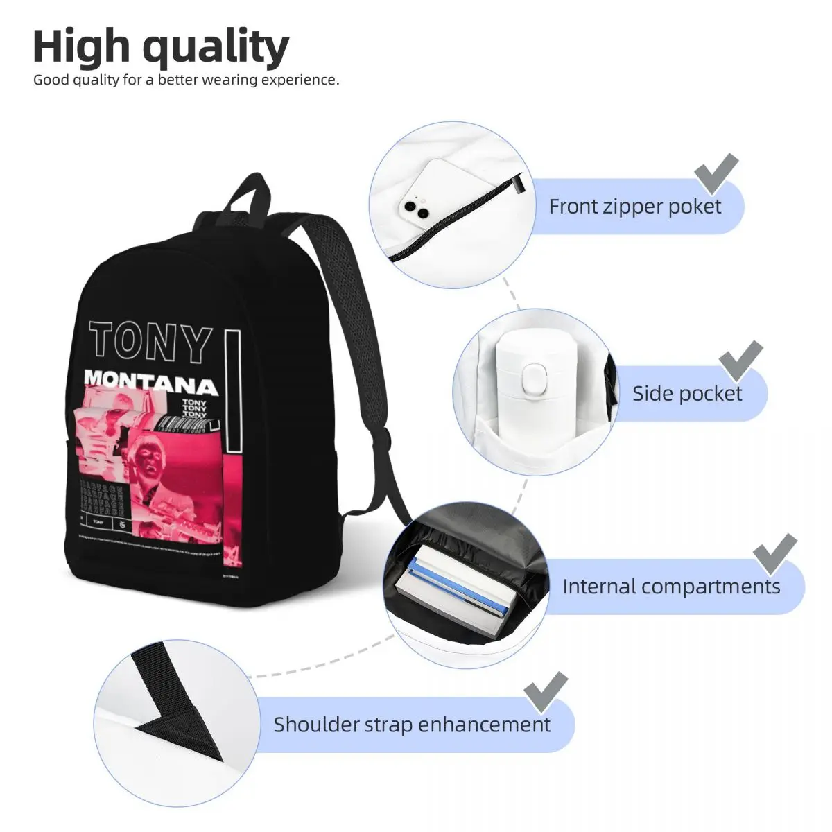 Tony Montana Singer Teenage Backpack Durable Student Hiking Travel Daypack for Men Women Laptop Computer Canvas Bags