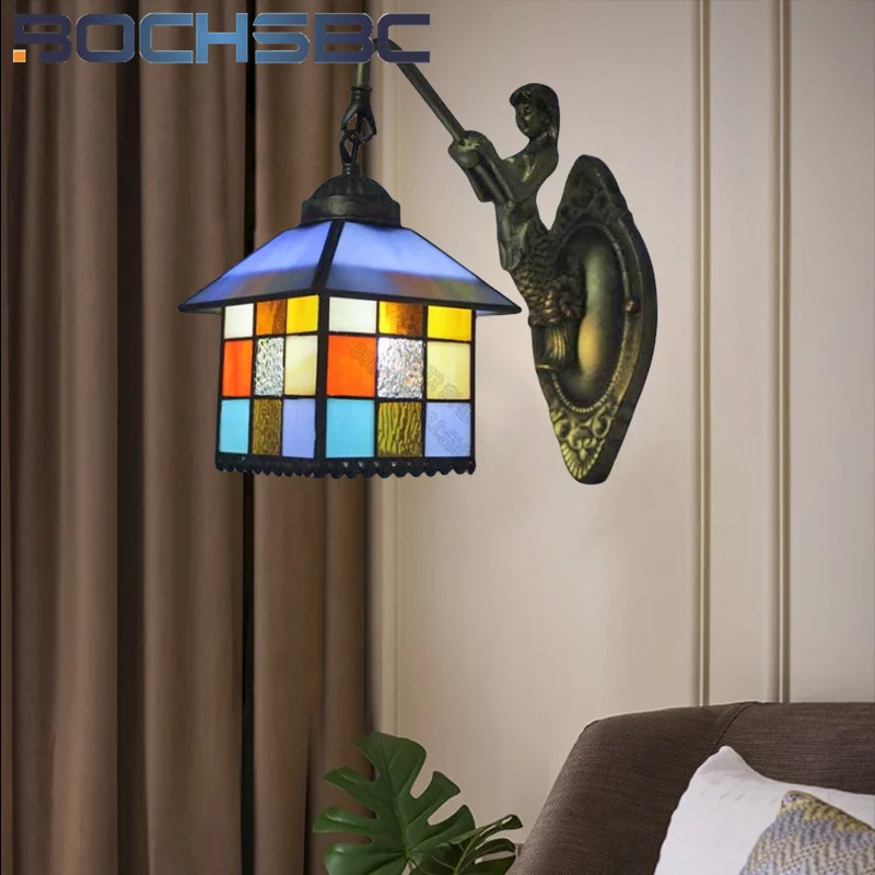 

BOCHSBC Tiffany style color Rubik's cube lattice wall lamp European bedroom bedside makeup wall lamp restaurant corridor decor