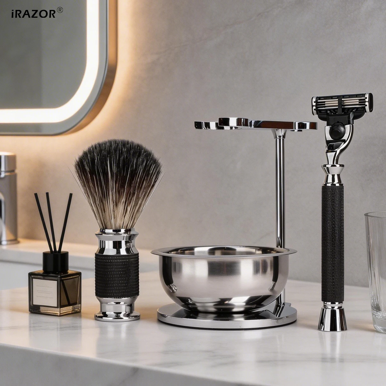 iRAZOR Men's Wet Shaving Kit 3-Blade Cartridge Razor Synthetic Hair Brush Shaving Bowl Stand Set Non-Shedding Grooming Gift