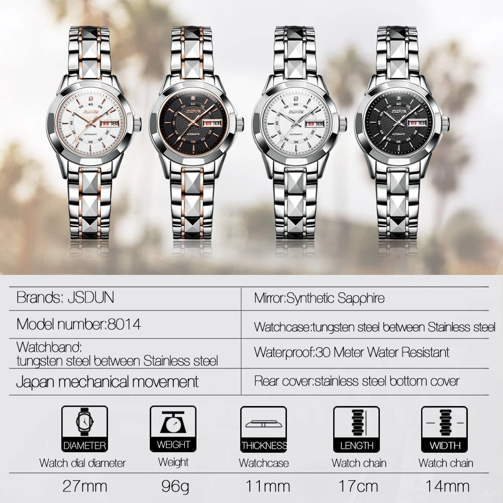 JSDUN 8014 reloj mecánico de negocios regalo correa de acero de tungsteno reloj de pulsera de esfera redonda calendario de visualización semanal