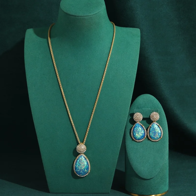 

Vintage Bright Opal Blue Jewelry Sets Gold Color Pendent Necklace Earrings Water Drop Zircon High Designer Accessories For Party