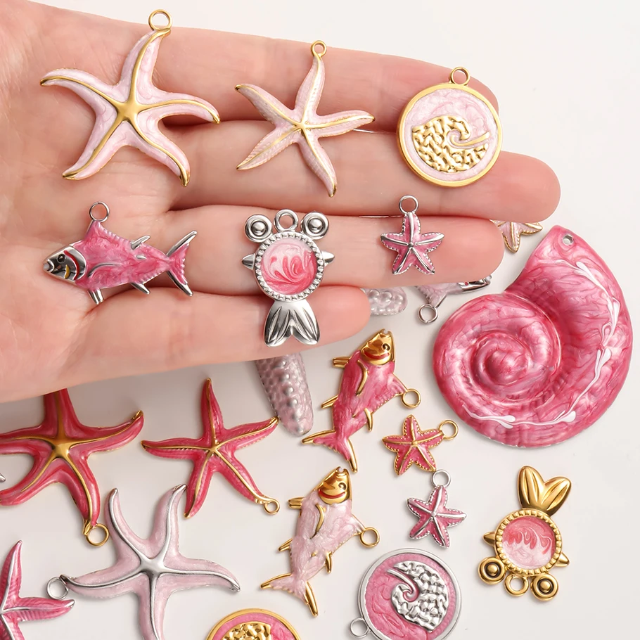 5pcs/lot Stainless Steel Pink Red Enamel Conch Starfish Shell Seahorse Pendants Ocean Animals Beach Jewelry Charms for Necklaces