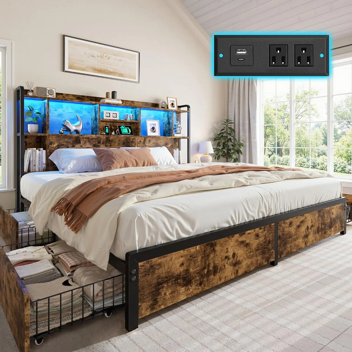 King Size Bed Frame with Storage Headboard & 4 Large Drawers King Bed Frame with 51" Tall Headboard 9 Compartments Led, Custom