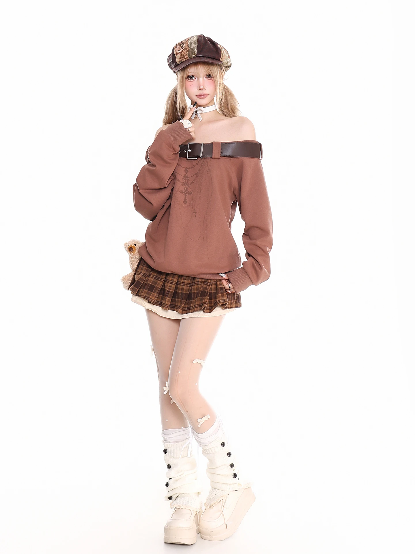 سترة بنية جديدة لربيع وخريف 2025 مزينة بحزام عاري الكتفين باللون الأبيض الكاكي سترة نسائية للتخسيس بلوزة فضفاضة للشوكولاتة #3