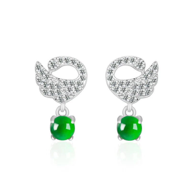 

S925 Silver Inlaid Natural A Goods Jade Sun Green Swan Ice Jadeite Stone Fashion Earrings Wholesale For Women's Gifts Jewelry