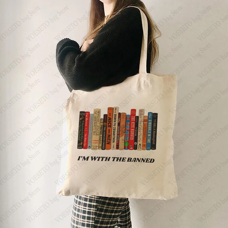 I'm with The Banned Pattern Book Tote Bag Handbag Bags Bookish Reading Shoulder Bags Library Bags Teacher Book Bag